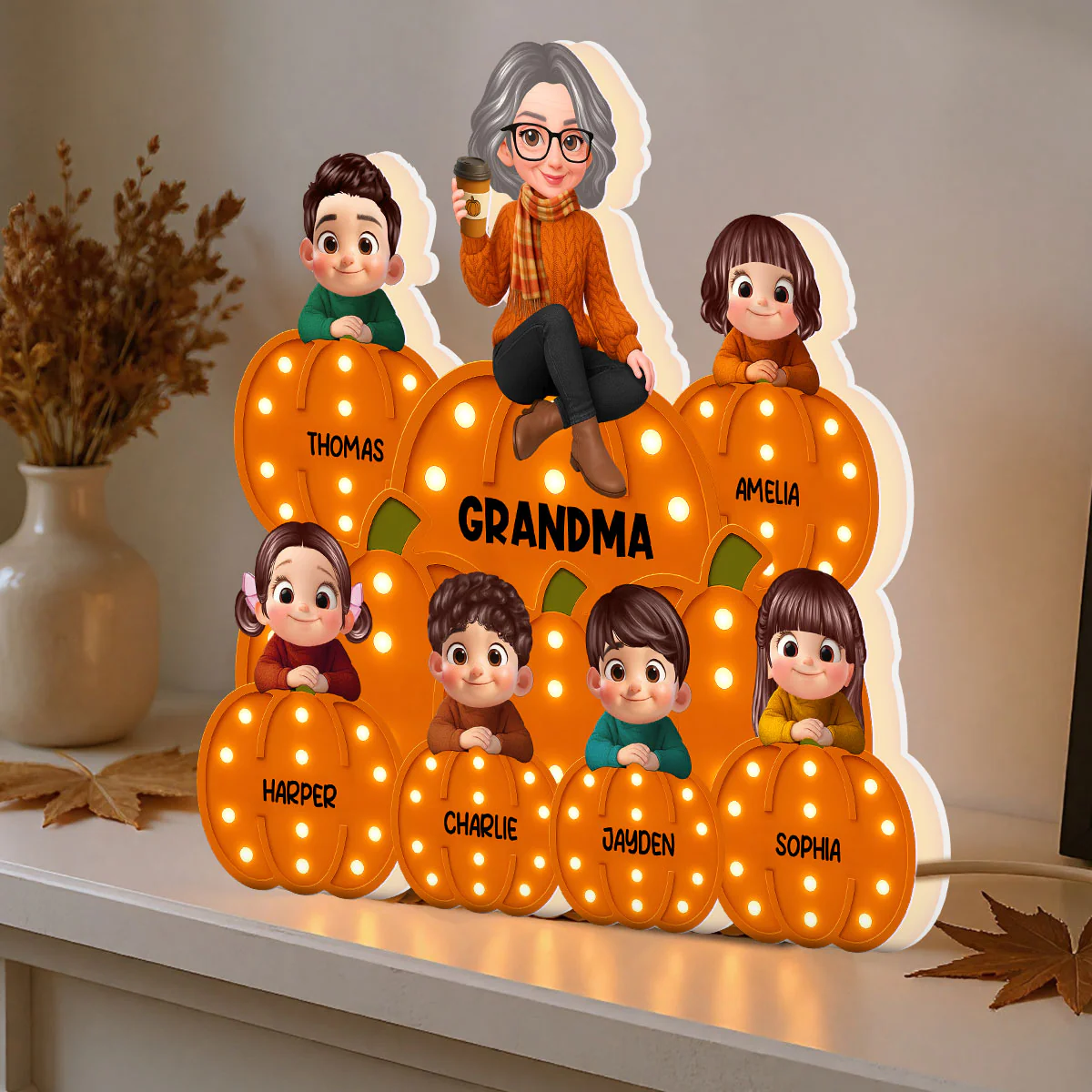 Fall Season Grandma Grandkids On Marquee Pattern Texture Pumpkins Personalized LED Light Box - Image 9