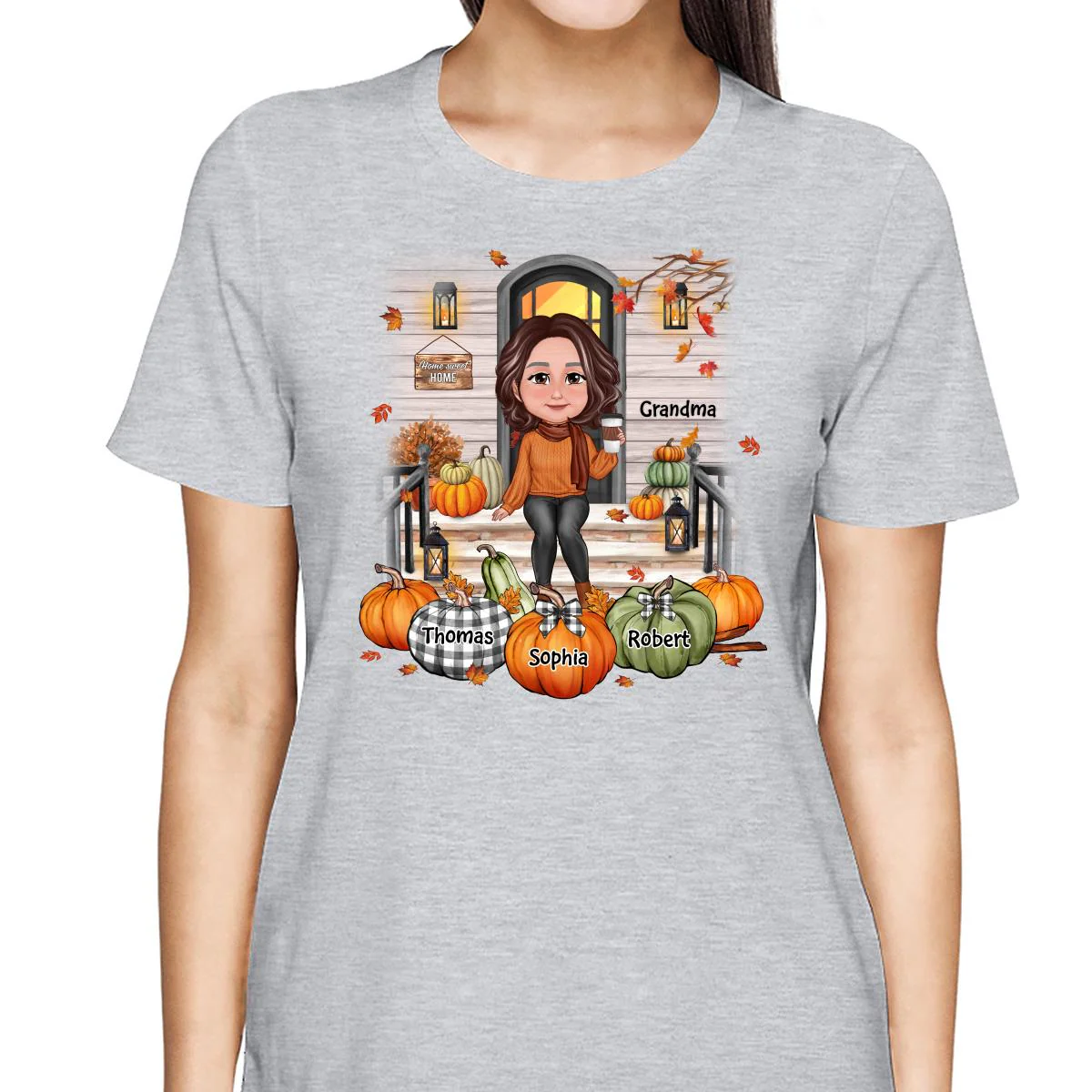 Fall Season Grandma Mom Front Porch Pumpkins Personalized Shirt - Image 2