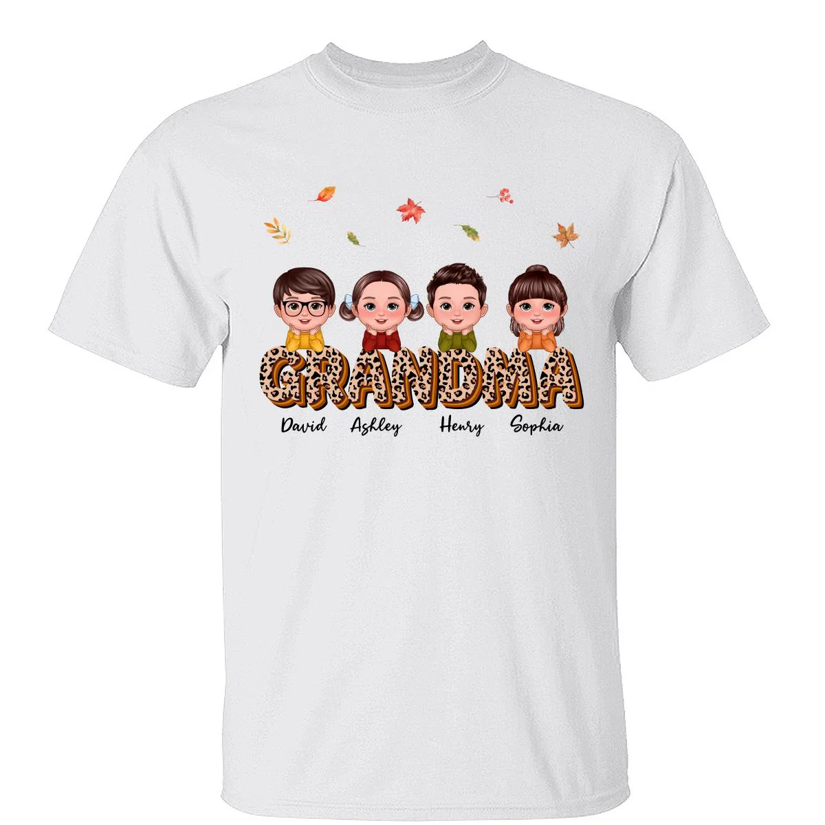 Fall Season Grandma Mom Kids On Text Leopard Personalized Shirt