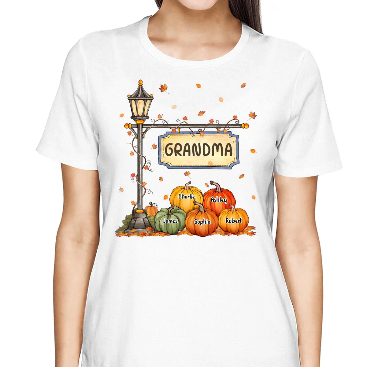Fall Season Grandma Mom Lamp Post Pumpkins Personalized Shirt - Image 2