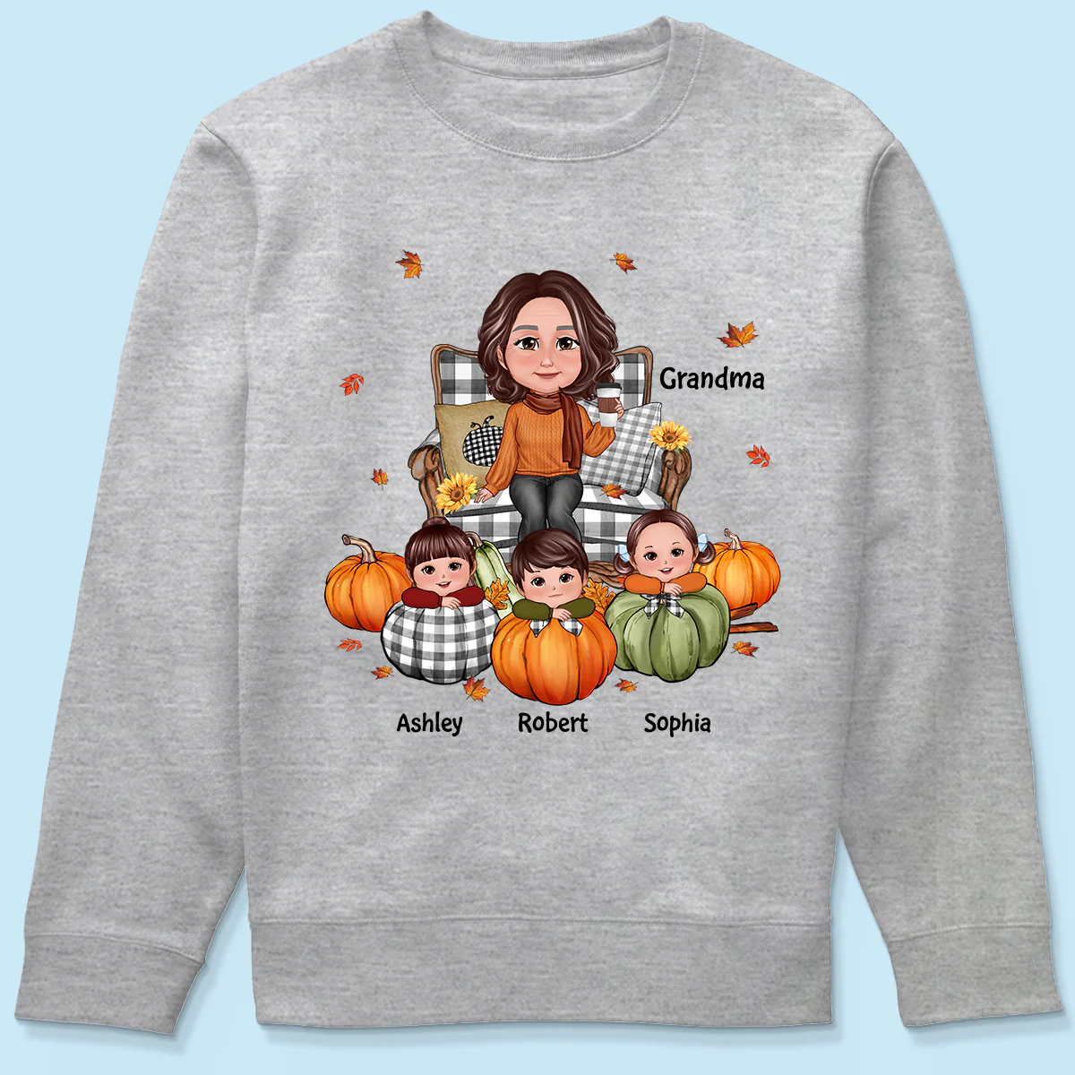 Grandma Sitting On Chair & Kids Pumpkin - Personalized Shirt - Image 3
