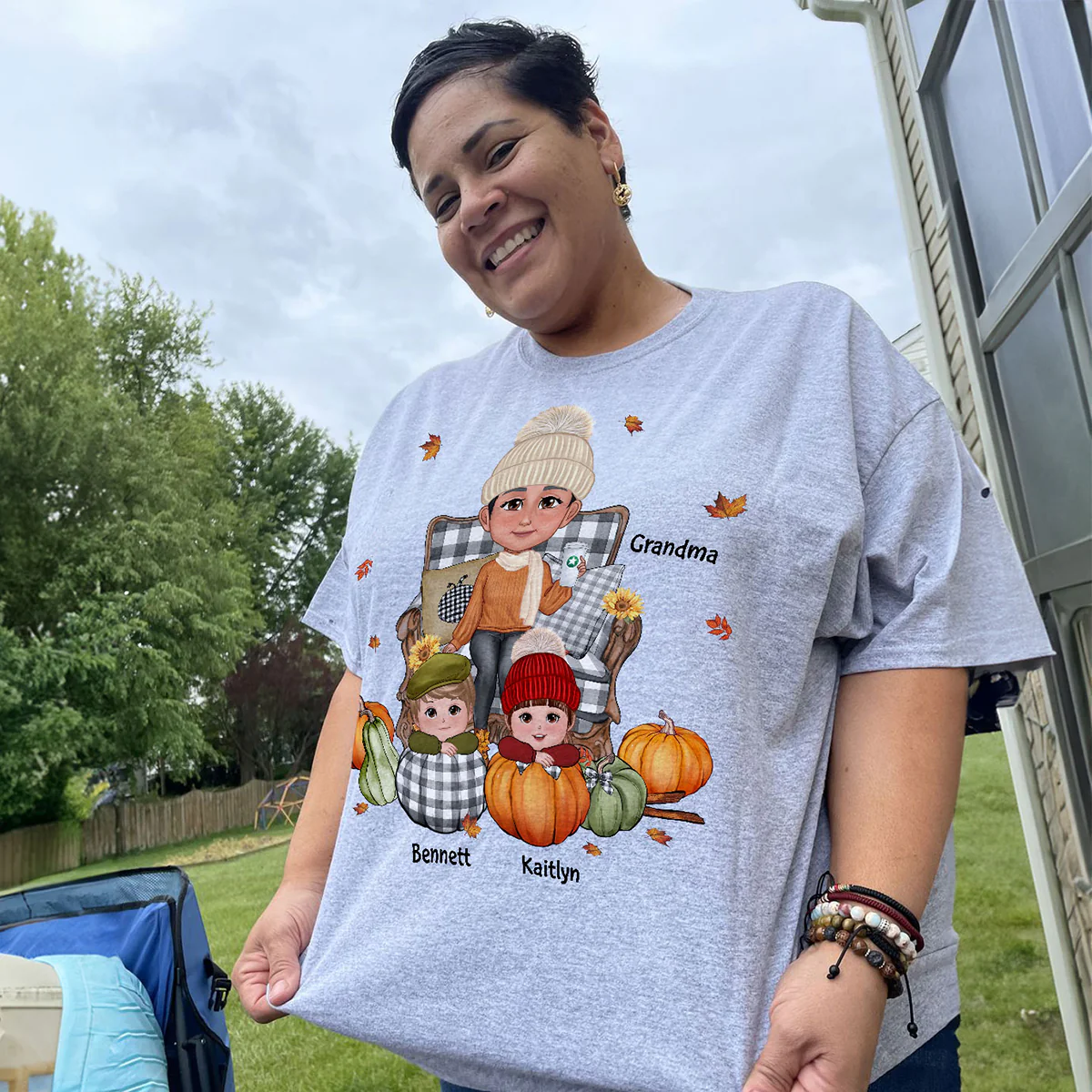Grandma Sitting On Chair & Kids Pumpkin - Personalized Shirt - Image 7