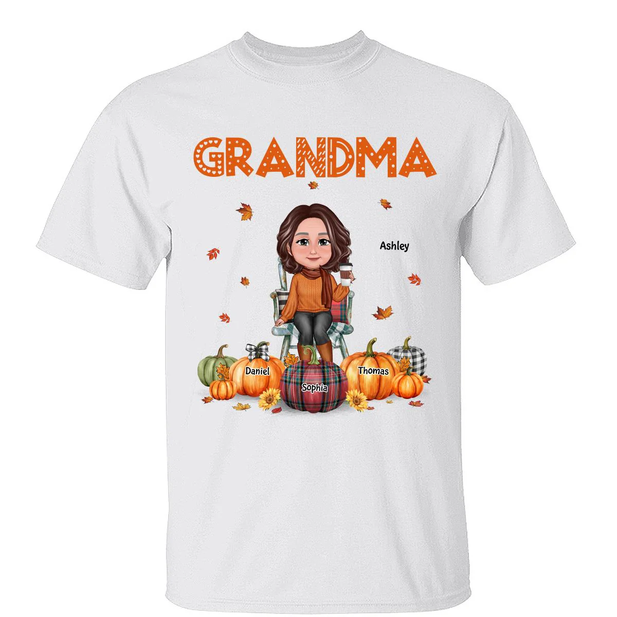 Fall Season Grandma Mom Sitting On Chair Pumpkins Personalized Shirt