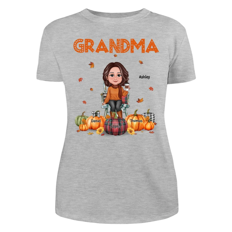 Fall Season Grandma Mom Sitting On Chair Pumpkins Personalized Shirt - Image 10