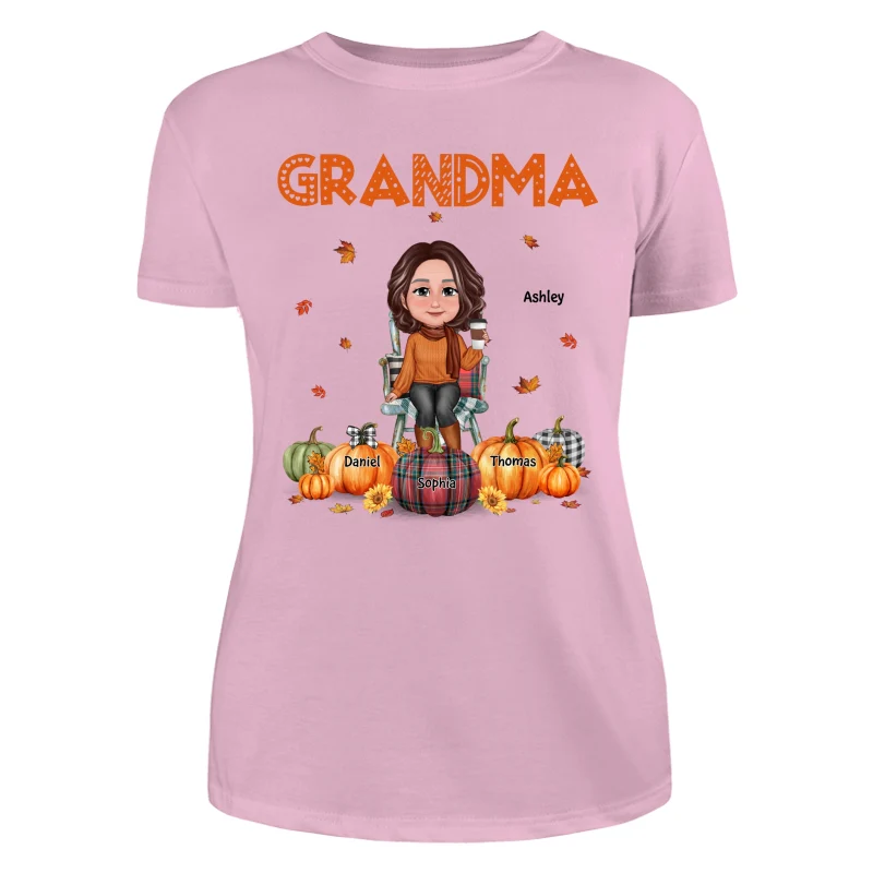 Fall Season Grandma Mom Sitting On Chair Pumpkins Personalized Shirt - Image 11