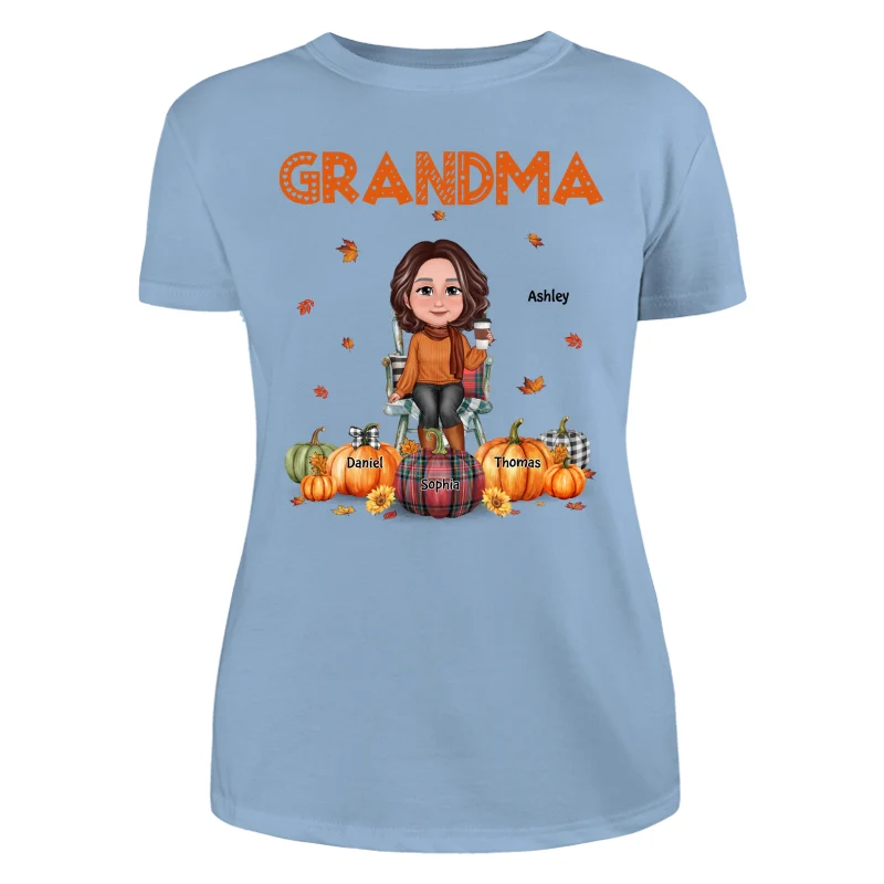 Fall Season Grandma Mom Sitting On Chair Pumpkins Personalized Shirt - Image 12