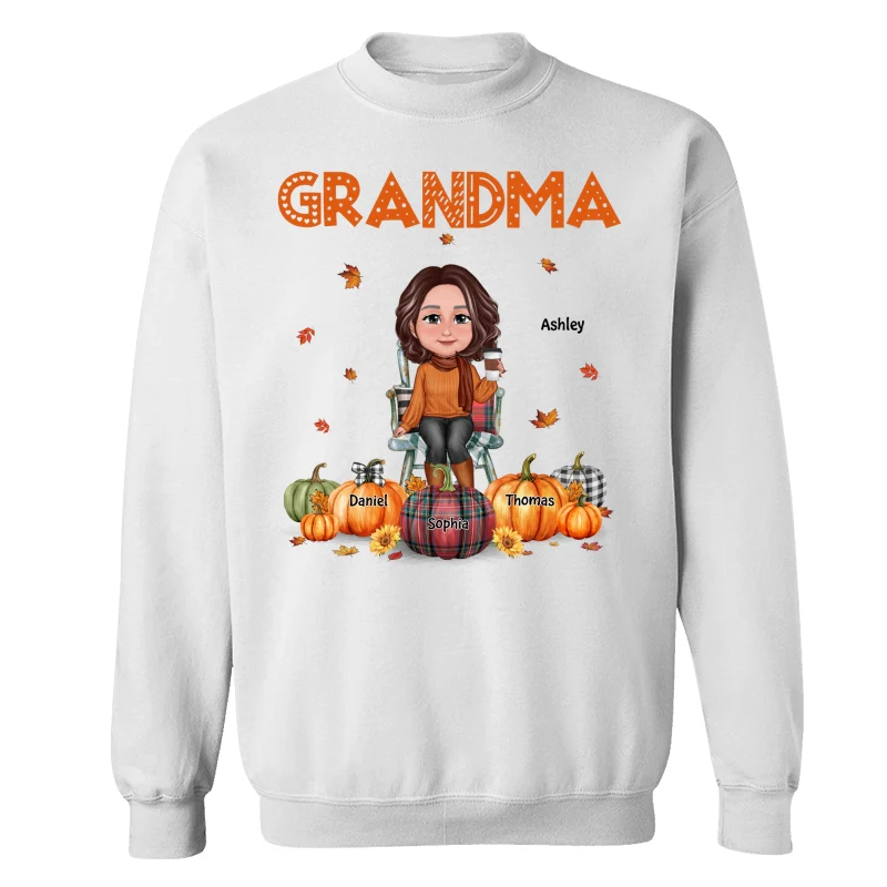 Fall Season Grandma Mom Sitting On Chair Pumpkins Personalized Shirt - Image 17