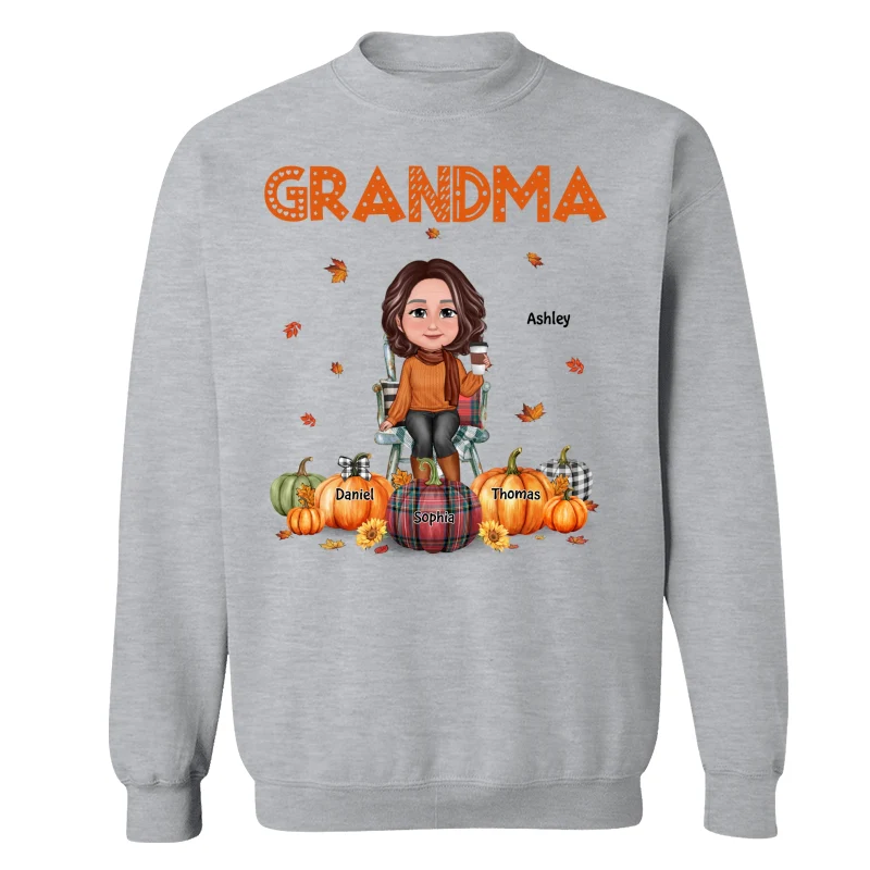 Fall Season Grandma Mom Sitting On Chair Pumpkins Personalized Shirt - Image 18