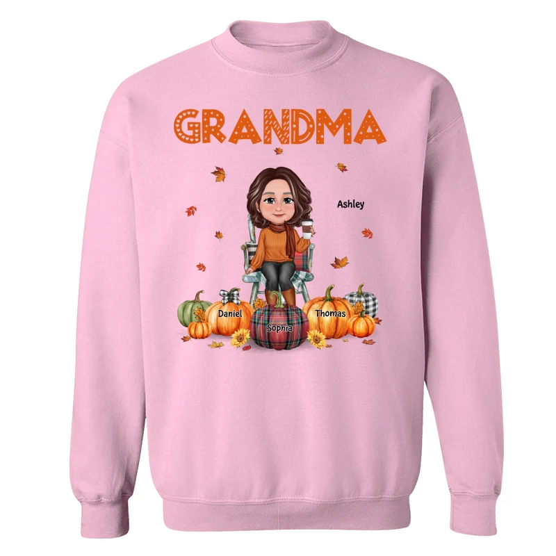 Fall Season Grandma Mom Sitting On Chair Pumpkins Personalized Shirt - Image 19