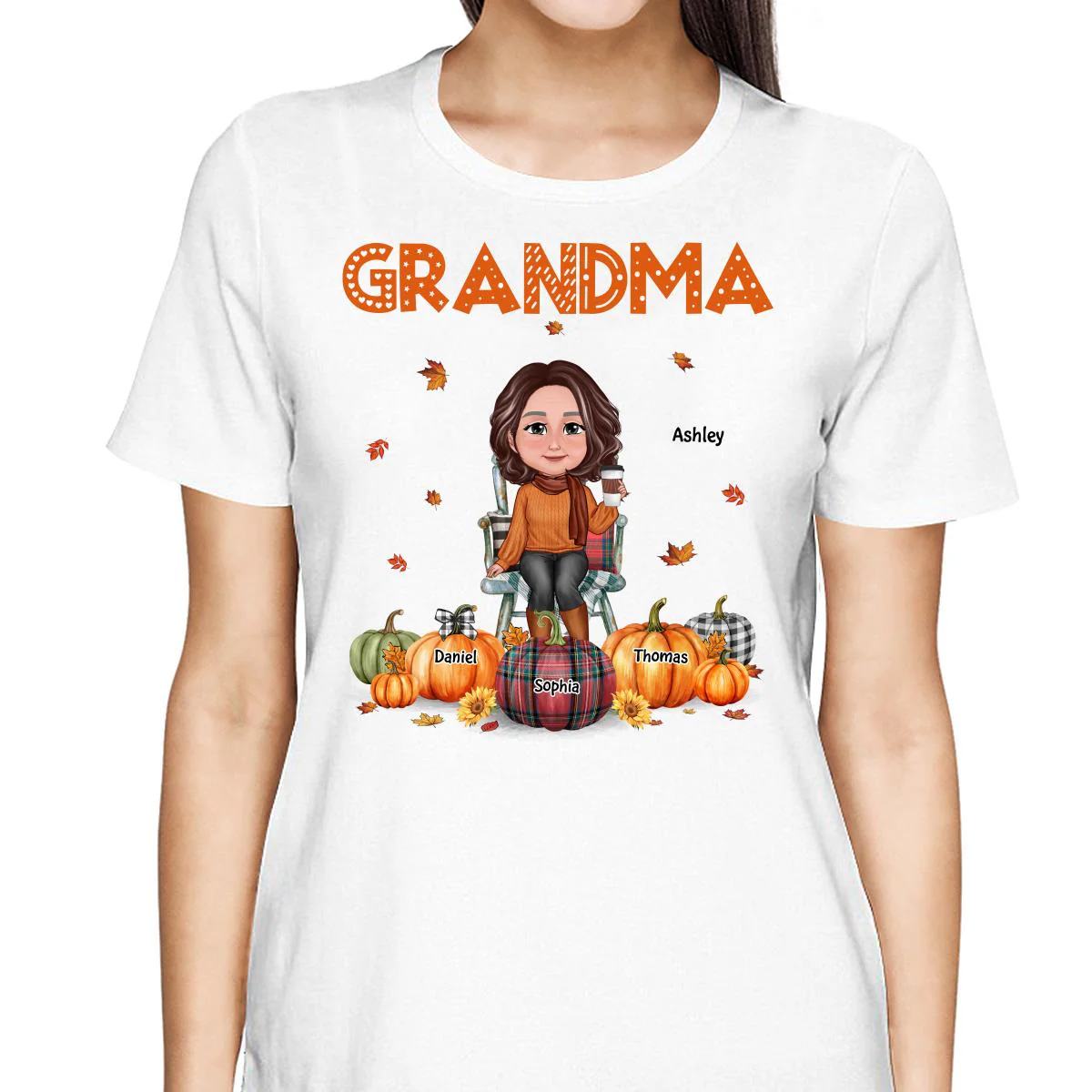 Fall Season Grandma Mom Sitting On Chair Pumpkins Personalized Shirt - Image 2