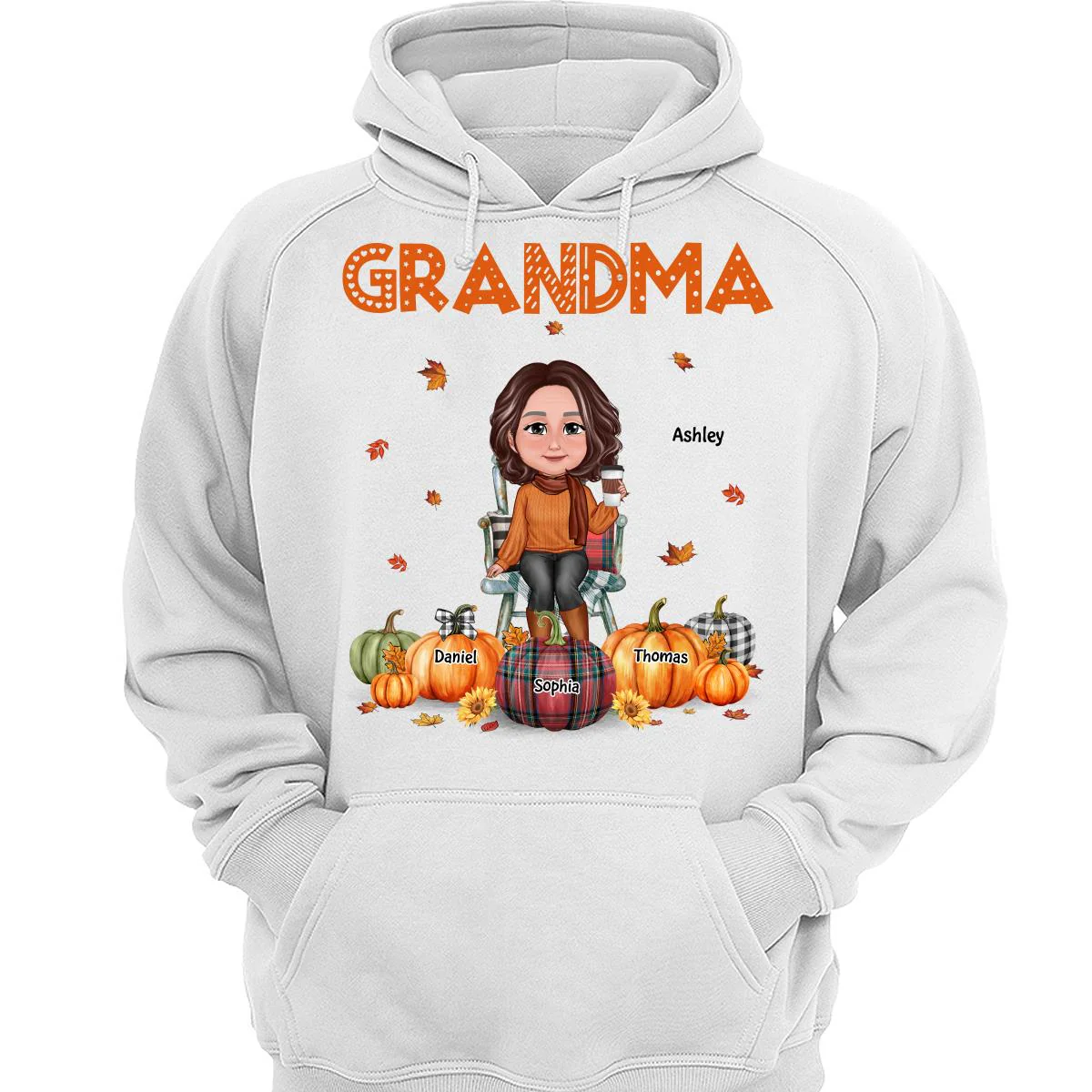 Fall Season Grandma Mom Sitting On Chair Pumpkins Personalized Shirt - Image 3