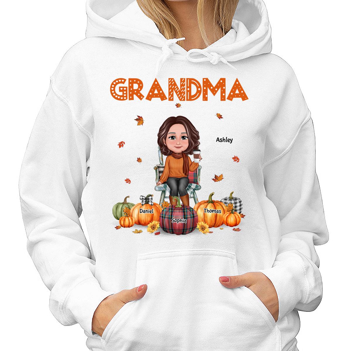 Fall Season Grandma Mom Sitting On Chair Pumpkins Personalized Shirt - Image 4