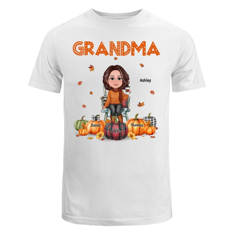 Fall Season Grandma Mom Sitting On Chair Pumpkins Personalized Shirt - Image 5