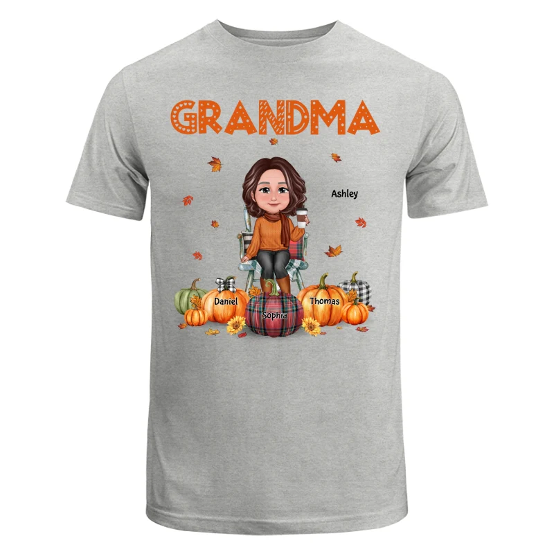 Fall Season Grandma Mom Sitting On Chair Pumpkins Personalized Shirt - Image 6