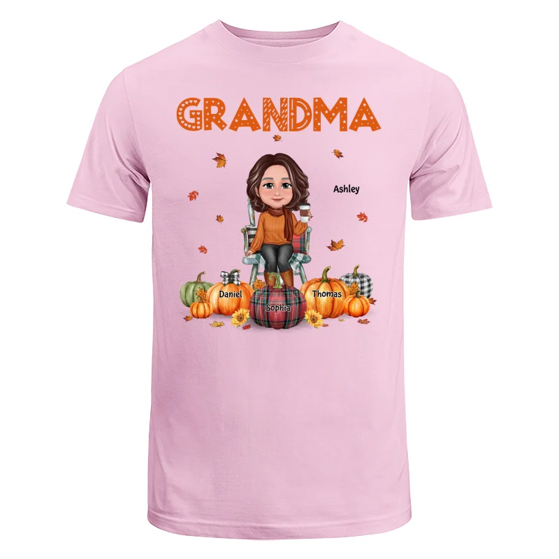 Fall Season Grandma Mom Sitting On Chair Pumpkins Personalized Shirt - Image 7