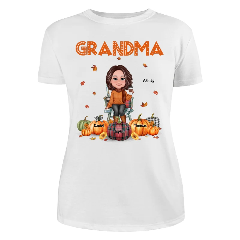 Fall Season Grandma Mom Sitting On Chair Pumpkins Personalized Shirt - Image 9