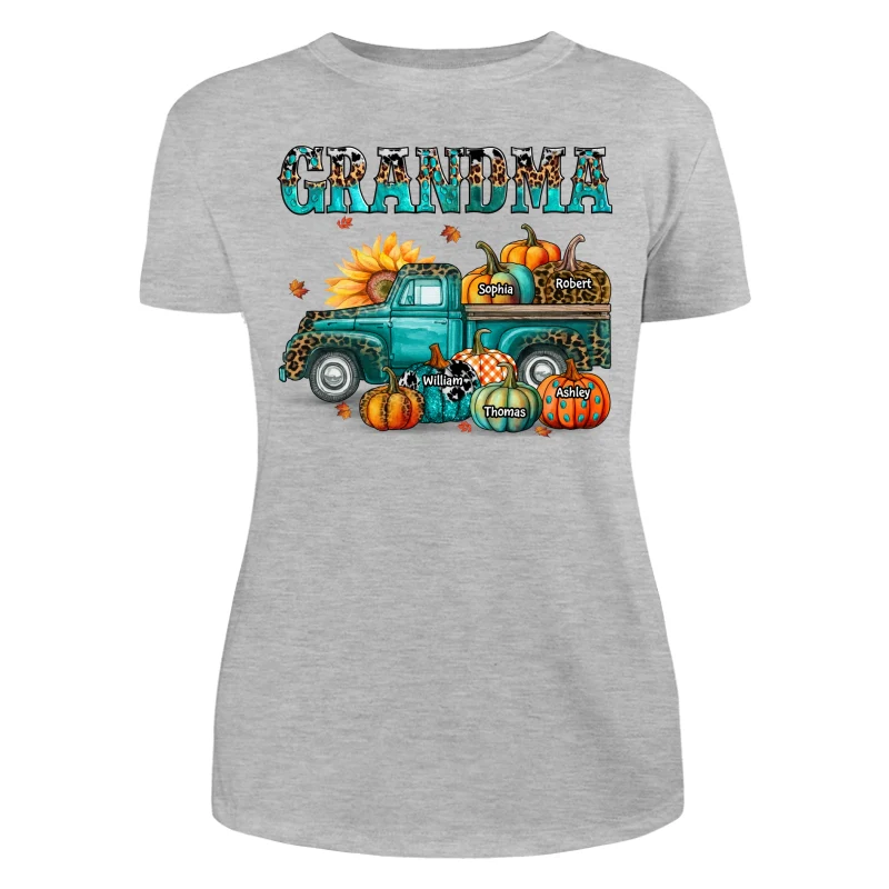 Fall Season Grandma Mom Teal And Leopard Patterned Pumpkins Truck Personalized Shirt - Image 10