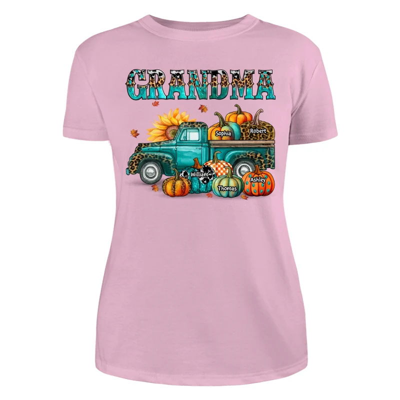 Fall Season Grandma Mom Teal And Leopard Patterned Pumpkins Truck Personalized Shirt - Image 11