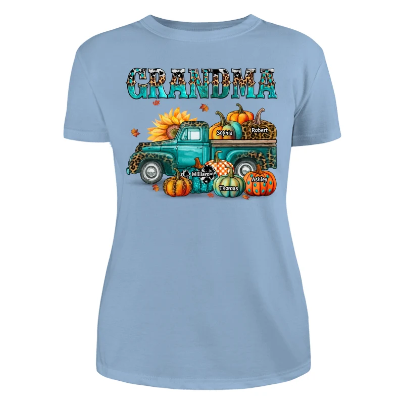 Fall Season Grandma Mom Teal And Leopard Patterned Pumpkins Truck Personalized Shirt - Image 12