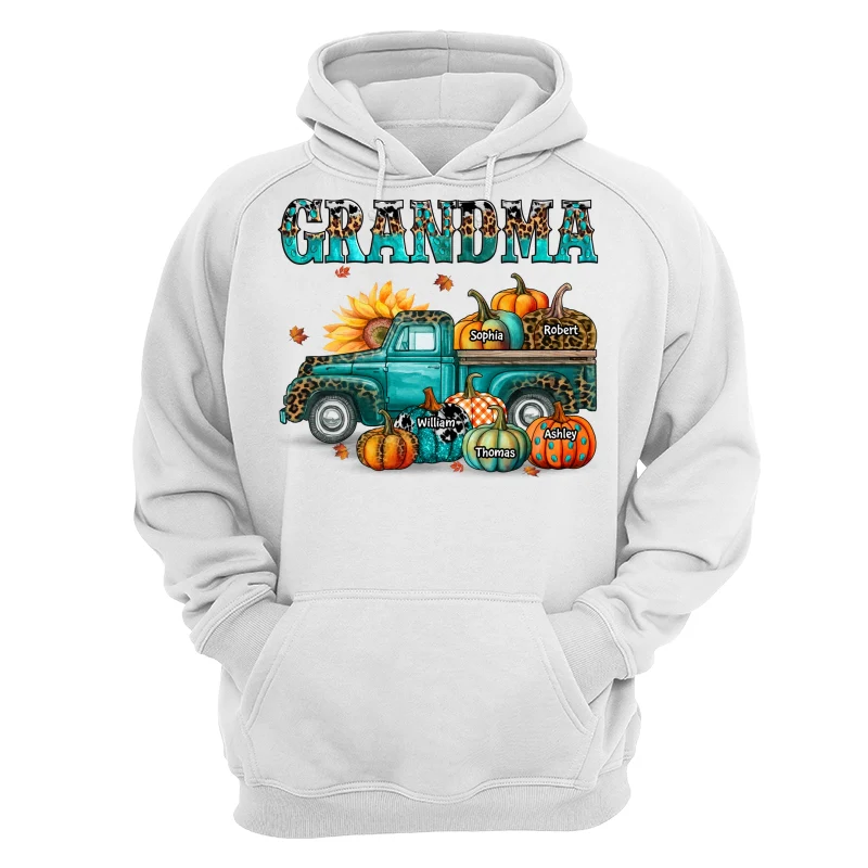 Fall Season Grandma Mom Teal And Leopard Patterned Pumpkins Truck Personalized Shirt - Image 13