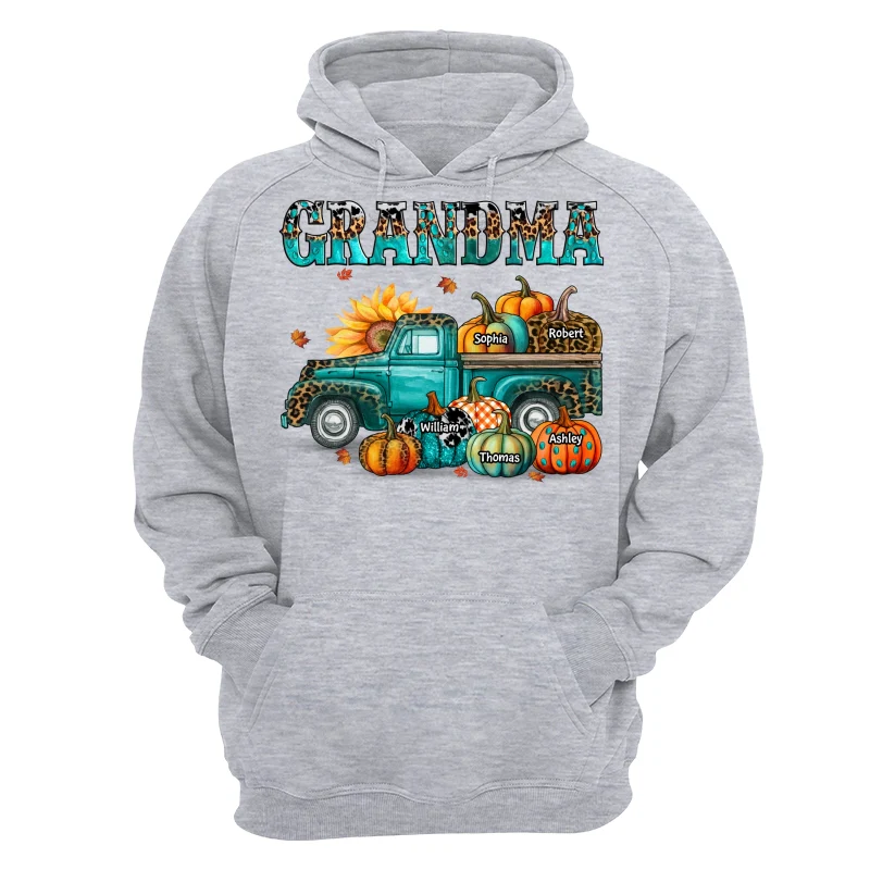 Fall Season Grandma Mom Teal And Leopard Patterned Pumpkins Truck Personalized Shirt - Image 14