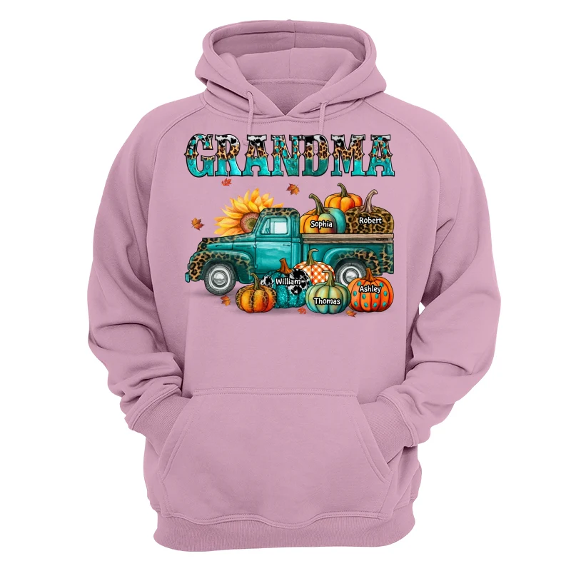 Fall Season Grandma Mom Teal And Leopard Patterned Pumpkins Truck Personalized Shirt - Image 15