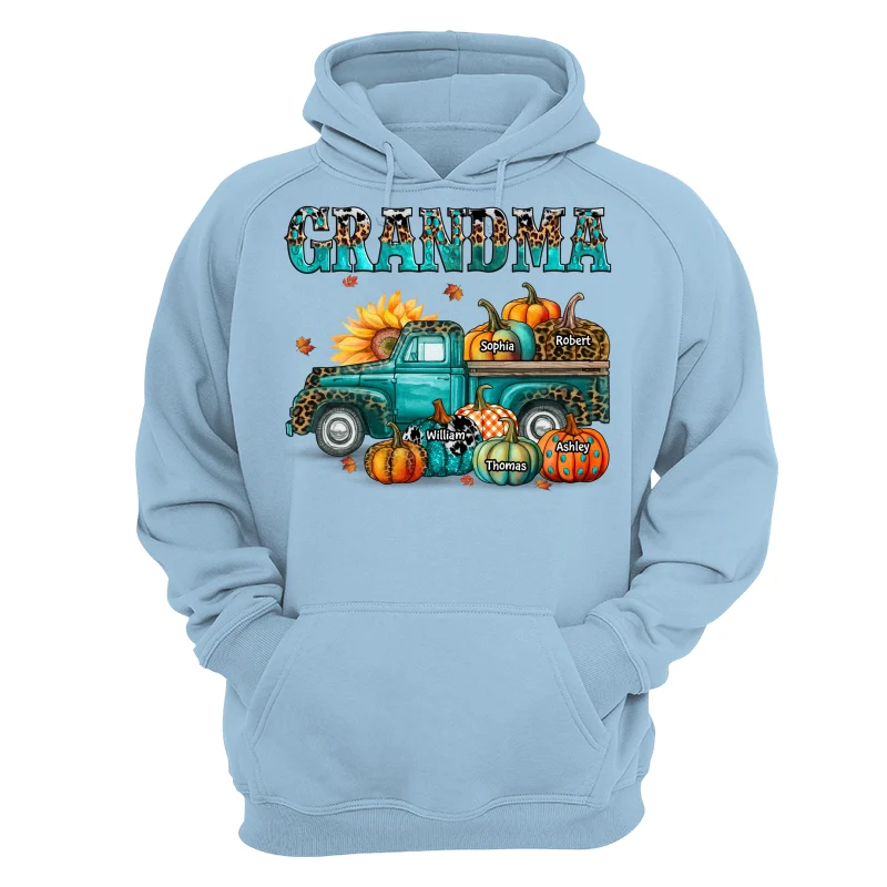 Fall Season Grandma Mom Teal And Leopard Patterned Pumpkins Truck Personalized Shirt - Image 16