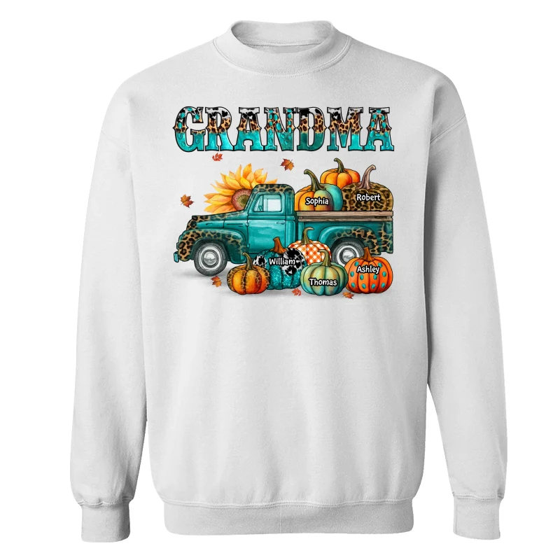 Fall Season Grandma Mom Teal And Leopard Patterned Pumpkins Truck Personalized Shirt - Image 17