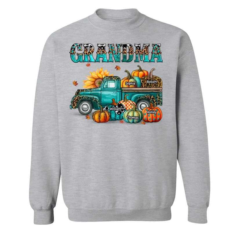 Fall Season Grandma Mom Teal And Leopard Patterned Pumpkins Truck Personalized Shirt - Image 18