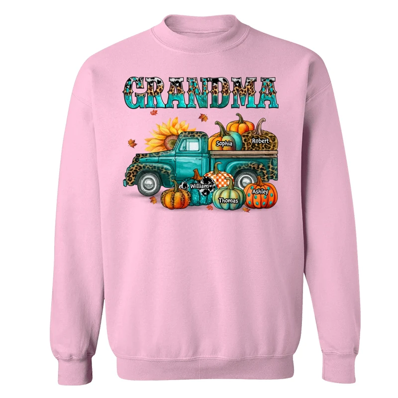 Fall Season Grandma Mom Teal And Leopard Patterned Pumpkins Truck Personalized Shirt - Image 19