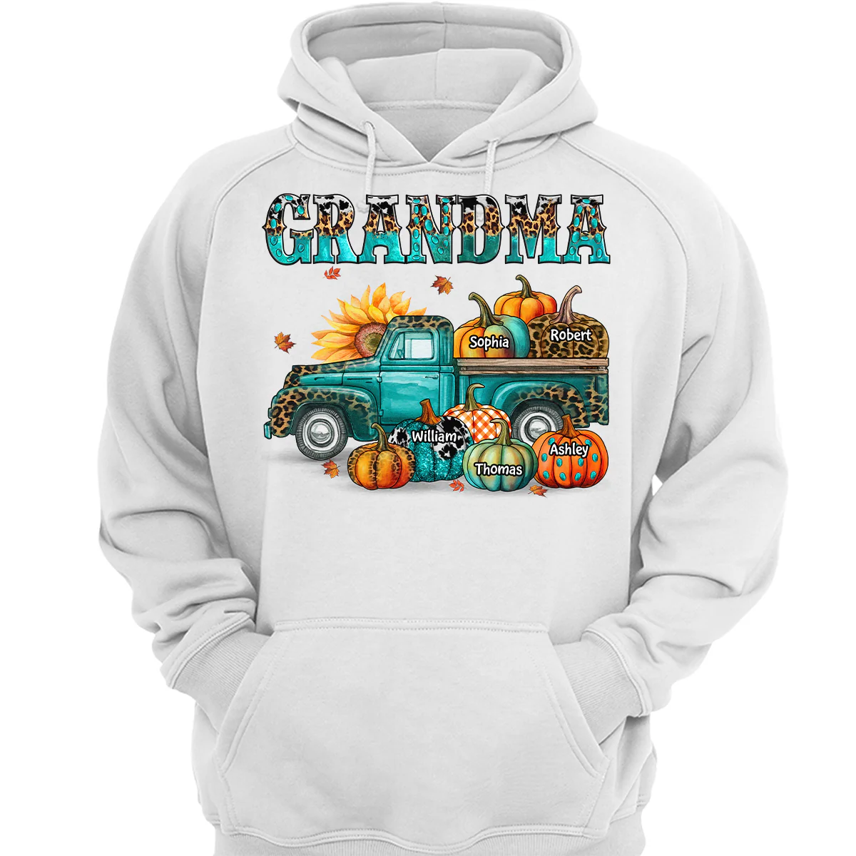 Fall Season Grandma Mom Teal And Leopard Patterned Pumpkins Truck Personalized Shirt - Image 3