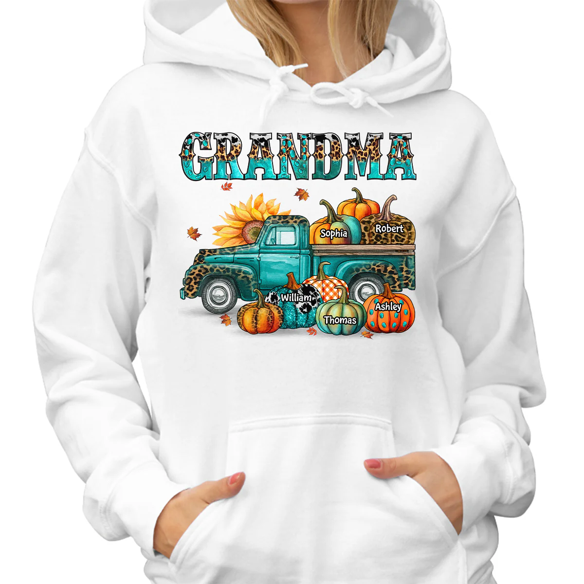 Fall Season Grandma Mom Teal And Leopard Patterned Pumpkins Truck Personalized Shirt - Image 4