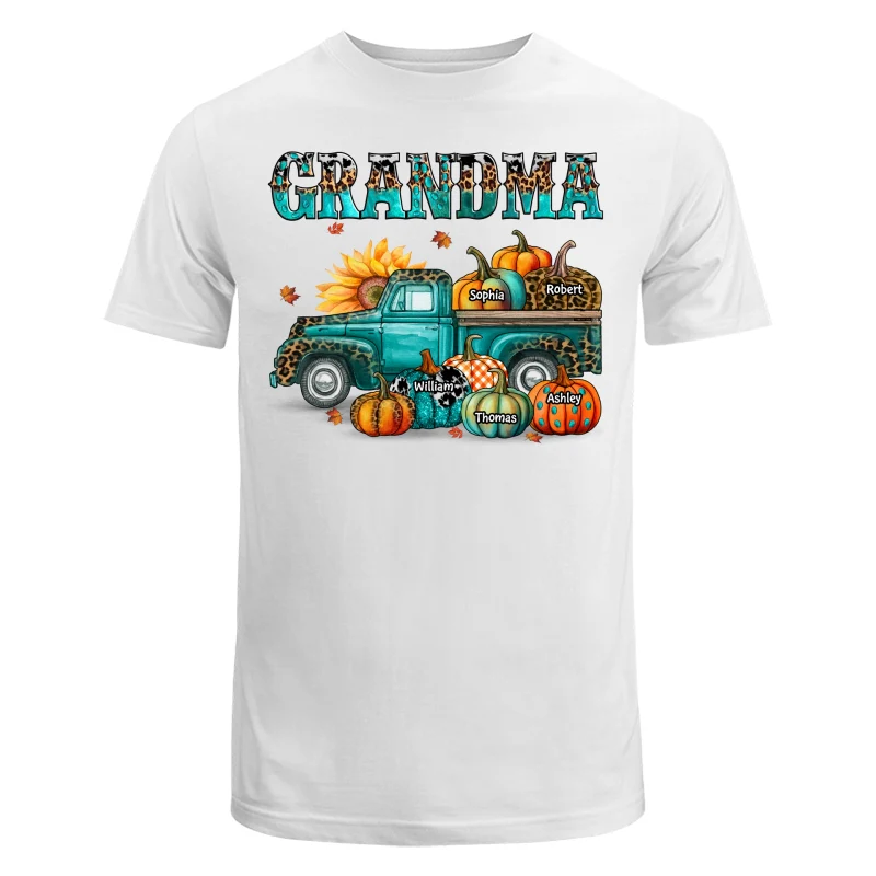 Fall Season Grandma Mom Teal And Leopard Patterned Pumpkins Truck Personalized Shirt - Image 5