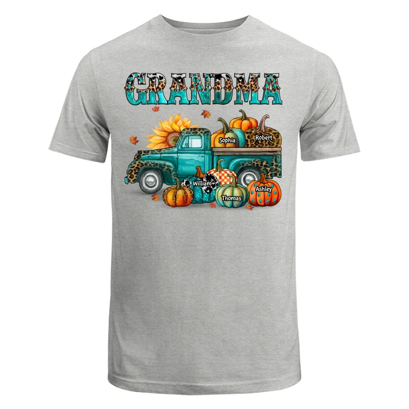 Fall Season Grandma Mom Teal And Leopard Patterned Pumpkins Truck Personalized Shirt - Image 6