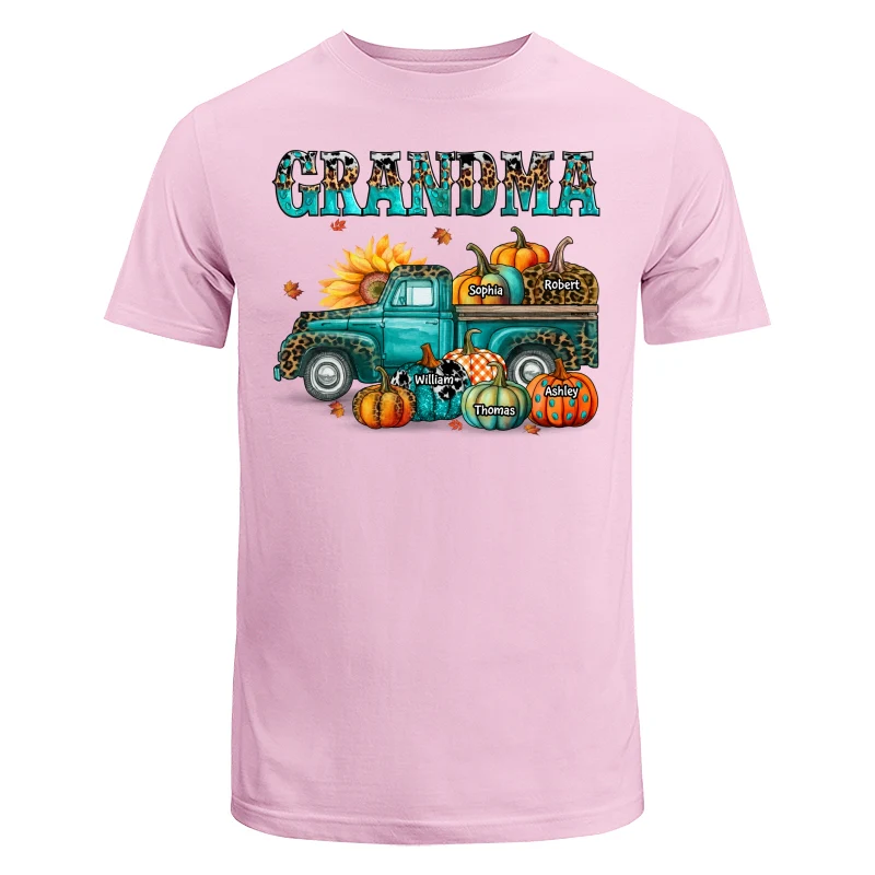 Fall Season Grandma Mom Teal And Leopard Patterned Pumpkins Truck Personalized Shirt - Image 7