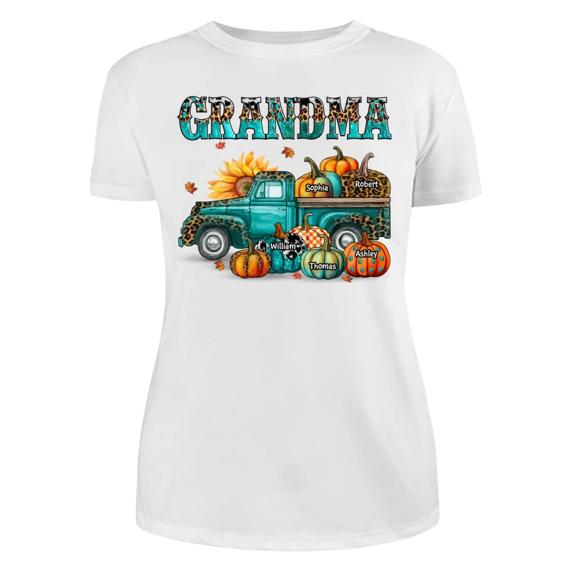 Fall Season Grandma Mom Teal And Leopard Patterned Pumpkins Truck Personalized Shirt - Image 9