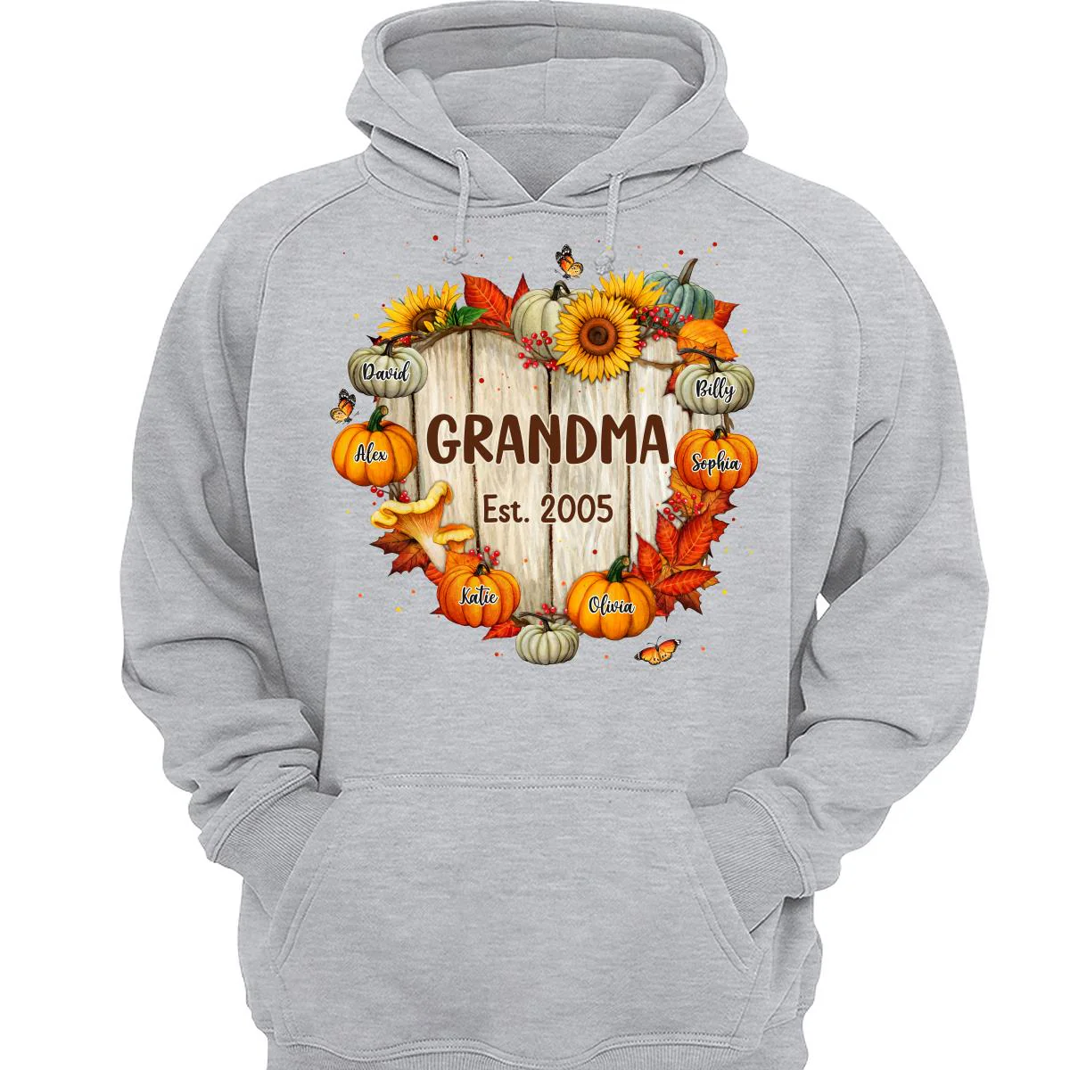 Fall Season Grandma Mom Wood Heart Sign Pumpkins Personalized Shirt - Image 3