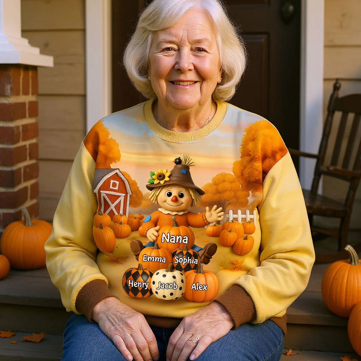 Fall Season Grandma Scarecrow Grandkids Pumpkins 3D Effect Personalized Sweatshirt - Image 2