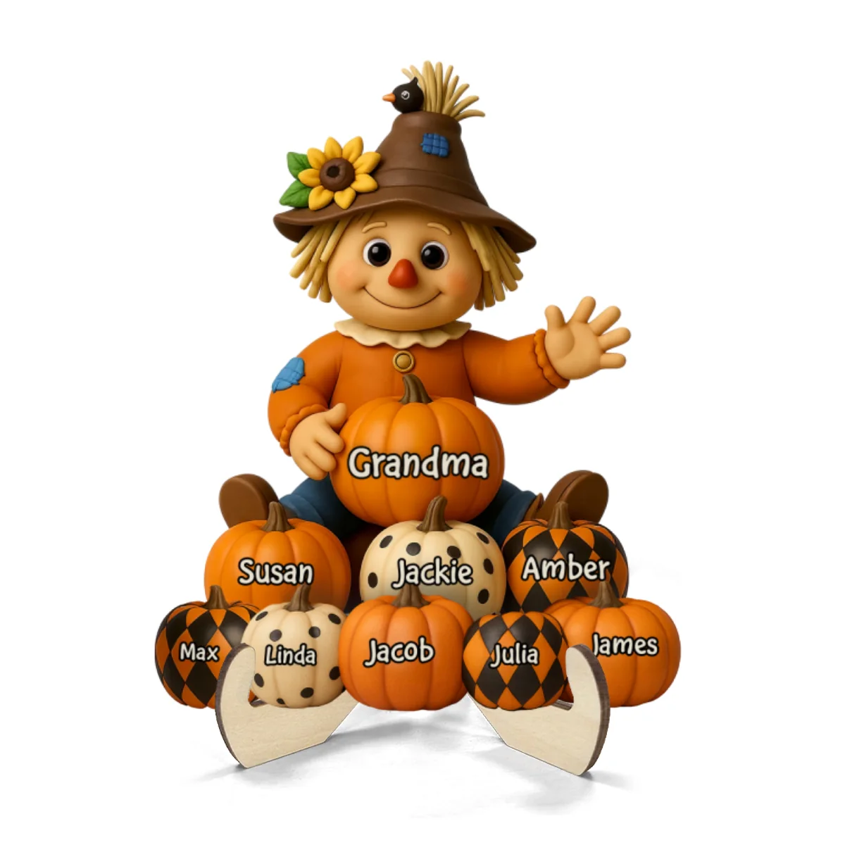 Fall Season Grandma Scarecrow Grandkids Pumpkins 3D Effect Personalized 2-Layer Wooden Plaque - Image 12