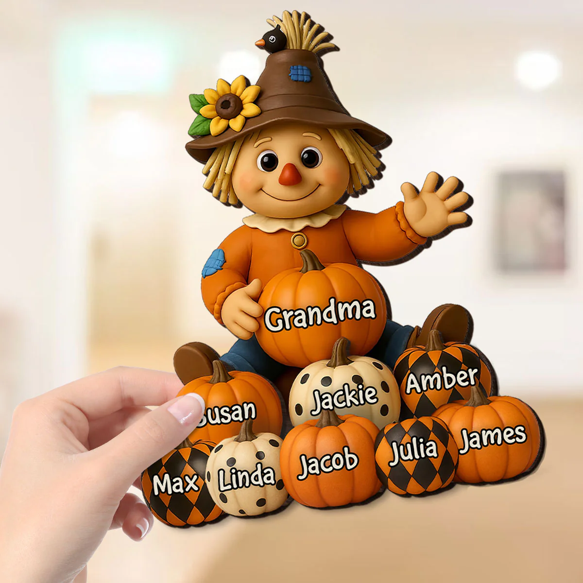Fall Season Grandma Scarecrow Grandkids Pumpkins 3D Effect Personalized 2-Layer Wooden Plaque - Image 2