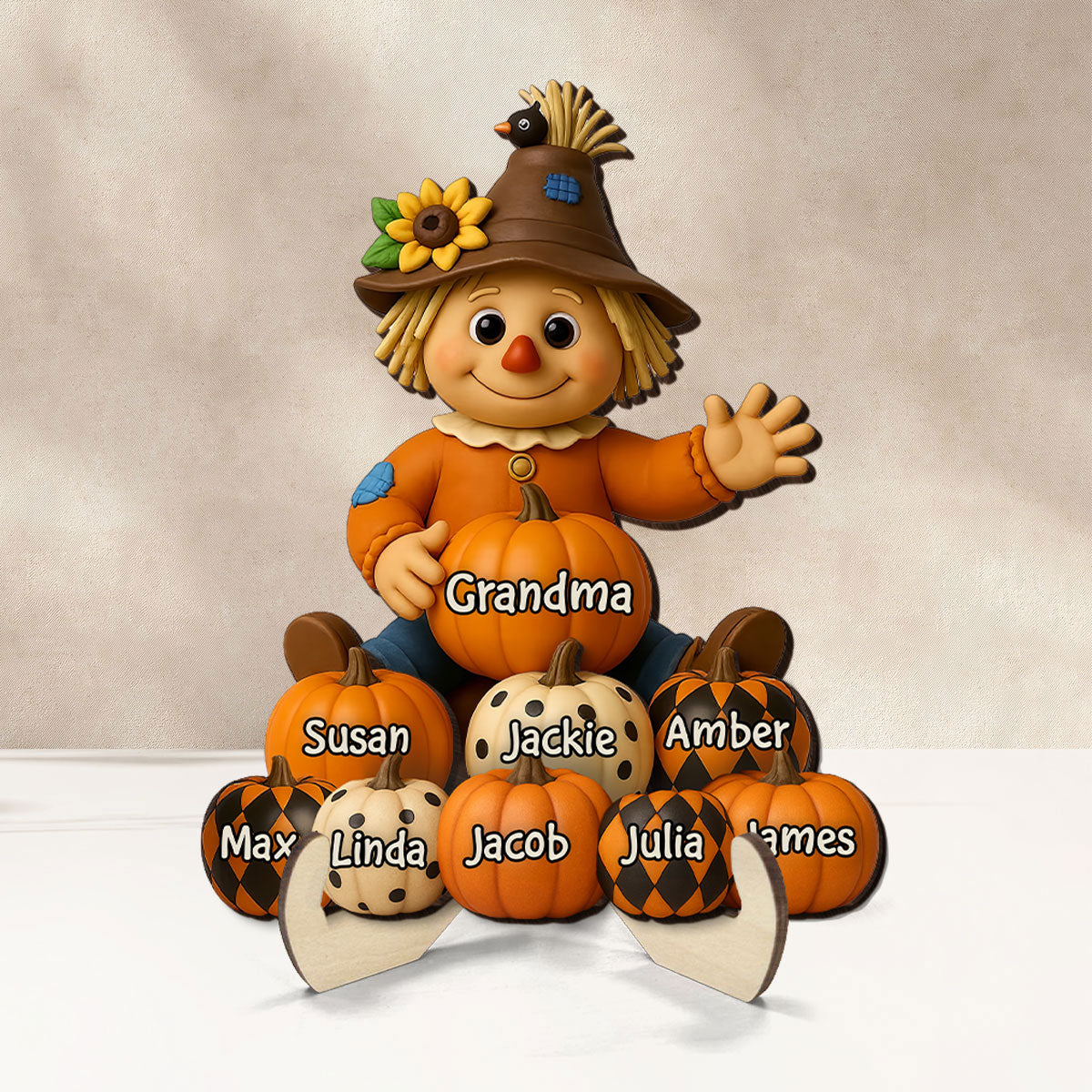 Fall Season Grandma Scarecrow Grandkids Pumpkins 3D Effect Personalized 2-Layer Wooden Plaque - Image 3