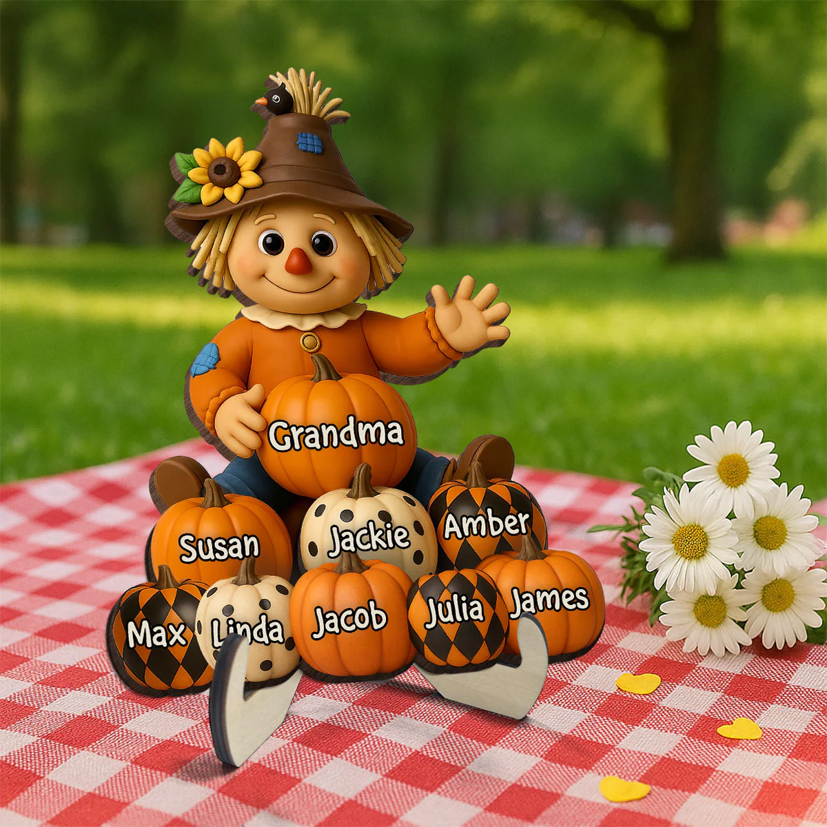 Fall Season Grandma Scarecrow Grandkids Pumpkins 3D Effect Personalized 2-Layer Wooden Plaque - Image 4