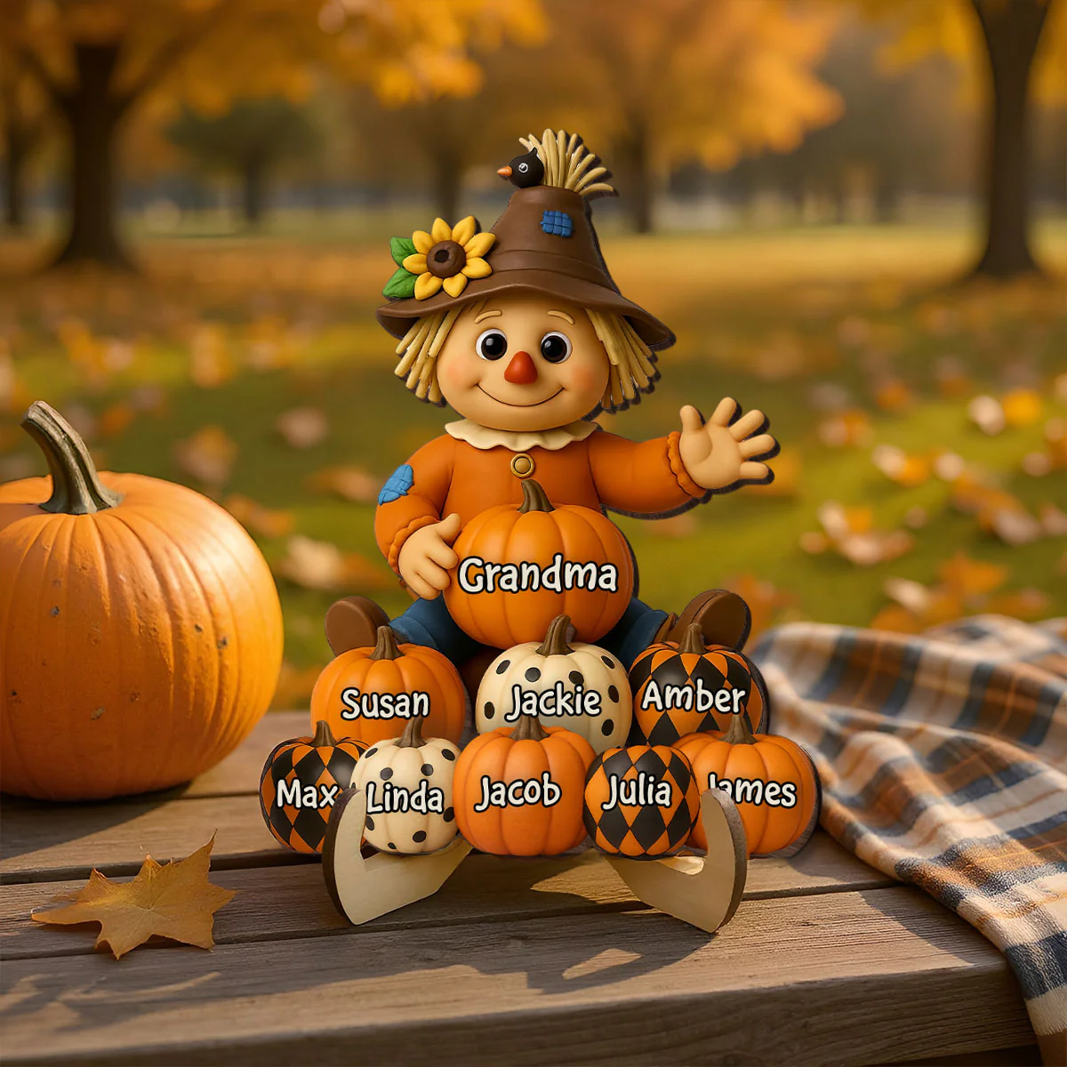 Fall Season Grandma Scarecrow Grandkids Pumpkins 3D Effect Personalized 2-Layer Wooden Plaque - Image 5