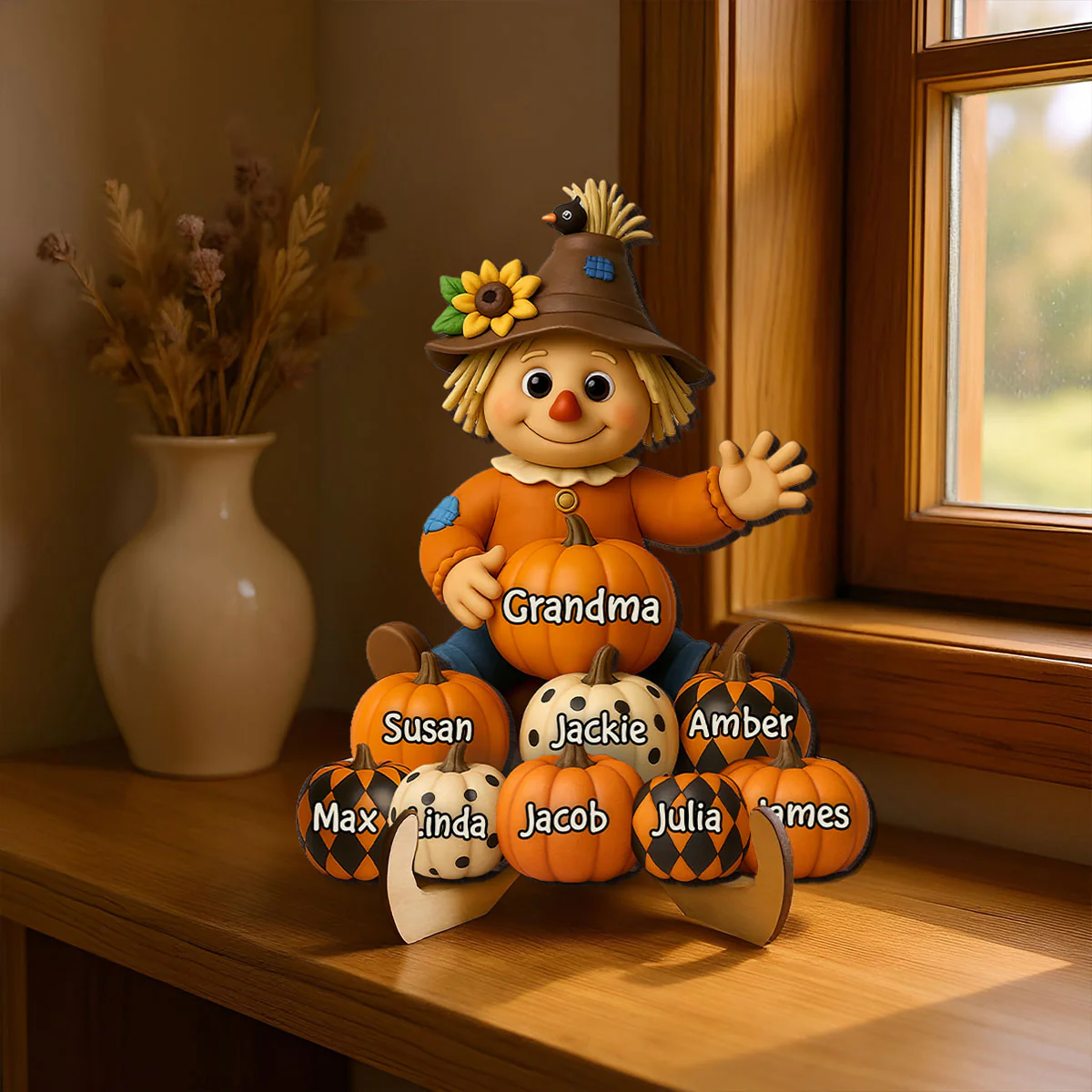 Fall Season Grandma Scarecrow Grandkids Pumpkins 3D Effect Personalized 2-Layer Wooden Plaque - Image 6