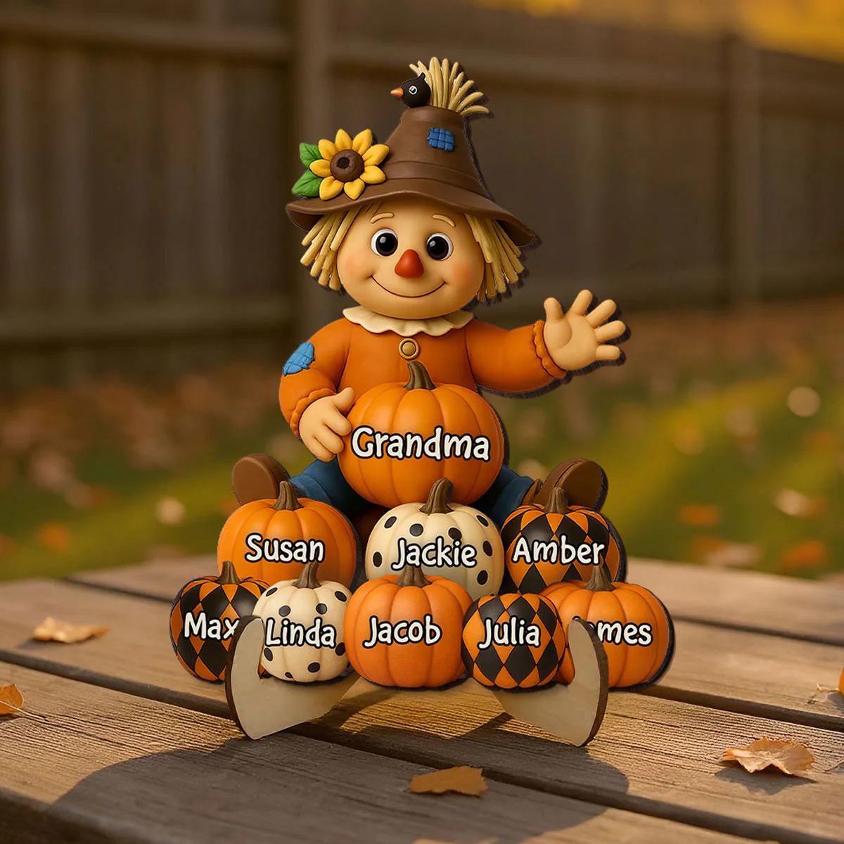 Fall Season Grandma Scarecrow Grandkids Pumpkins 3D Effect Personalized 2-Layer Wooden Plaque - Image 7