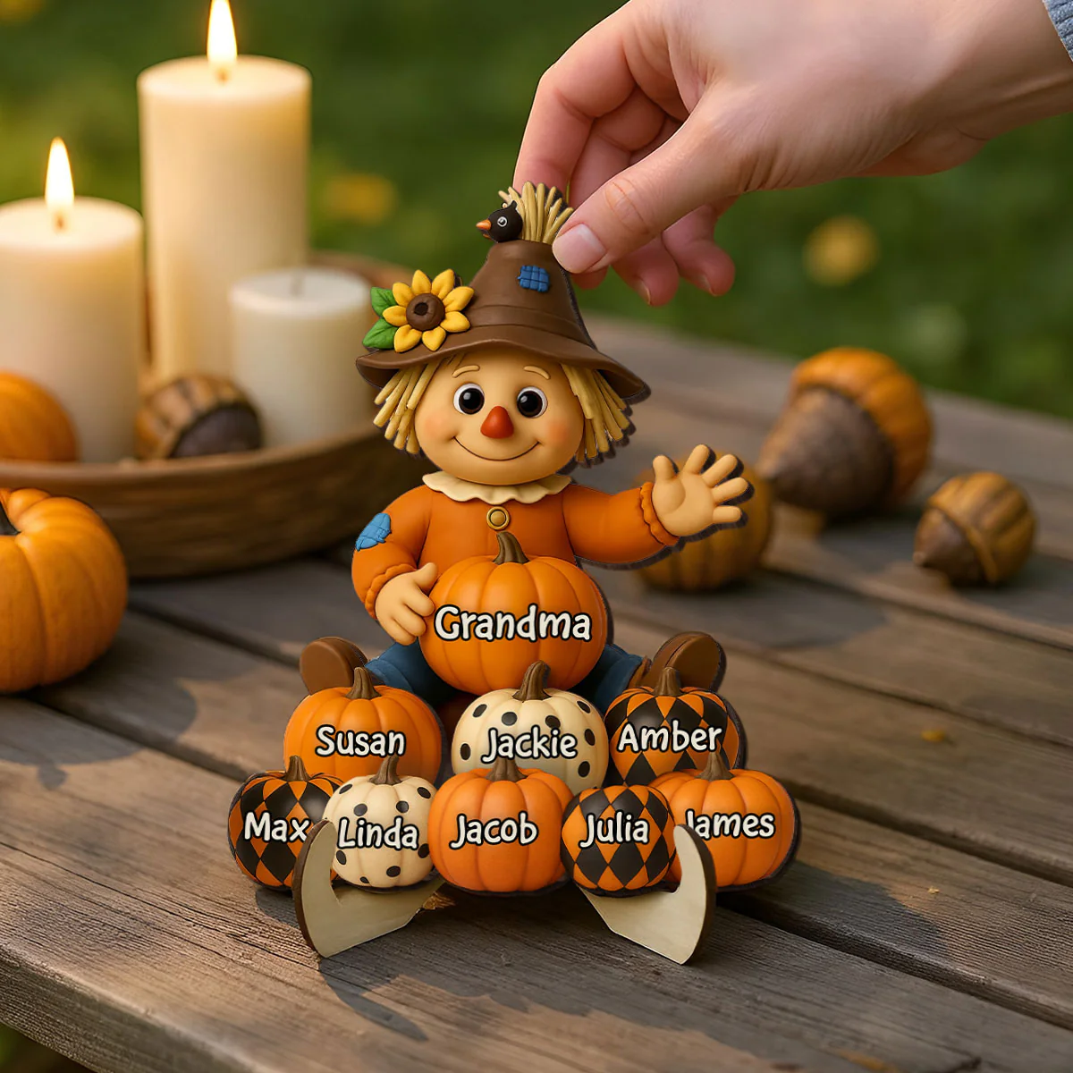 Fall Season Grandma Scarecrow Grandkids Pumpkins 3D Effect Personalized 2-Layer Wooden Plaque - Image 8