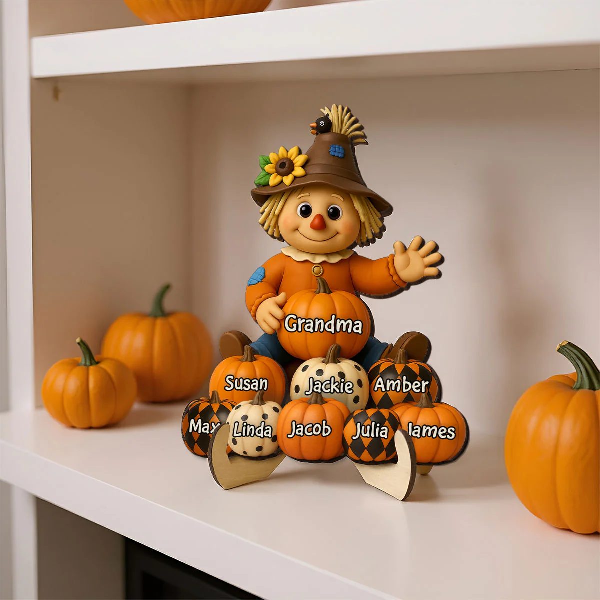 Fall Season Grandma Scarecrow Grandkids Pumpkins 3D Effect Personalized 2-Layer Wooden Plaque - Image 9