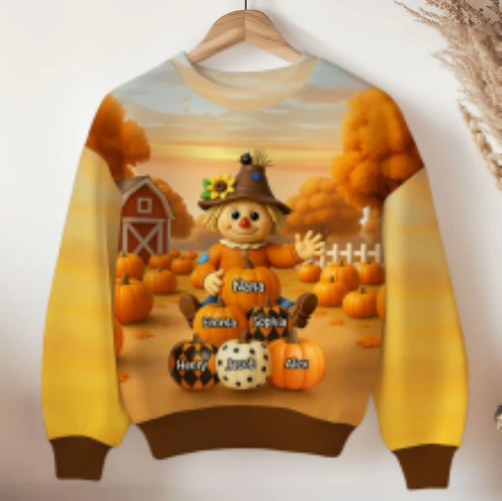 Fall Season Grandma Scarecrow Grandkids Pumpkins 3D Effect Personalized Sweatshirt - Image 11