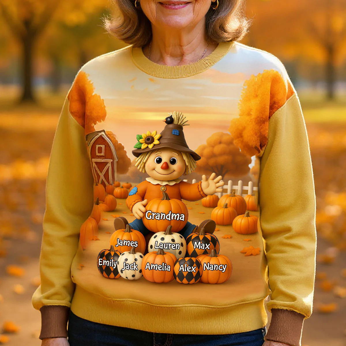 Fall Season Grandma Scarecrow Grandkids Pumpkins 3D Effect Personalized Sweatshirt - Image 3