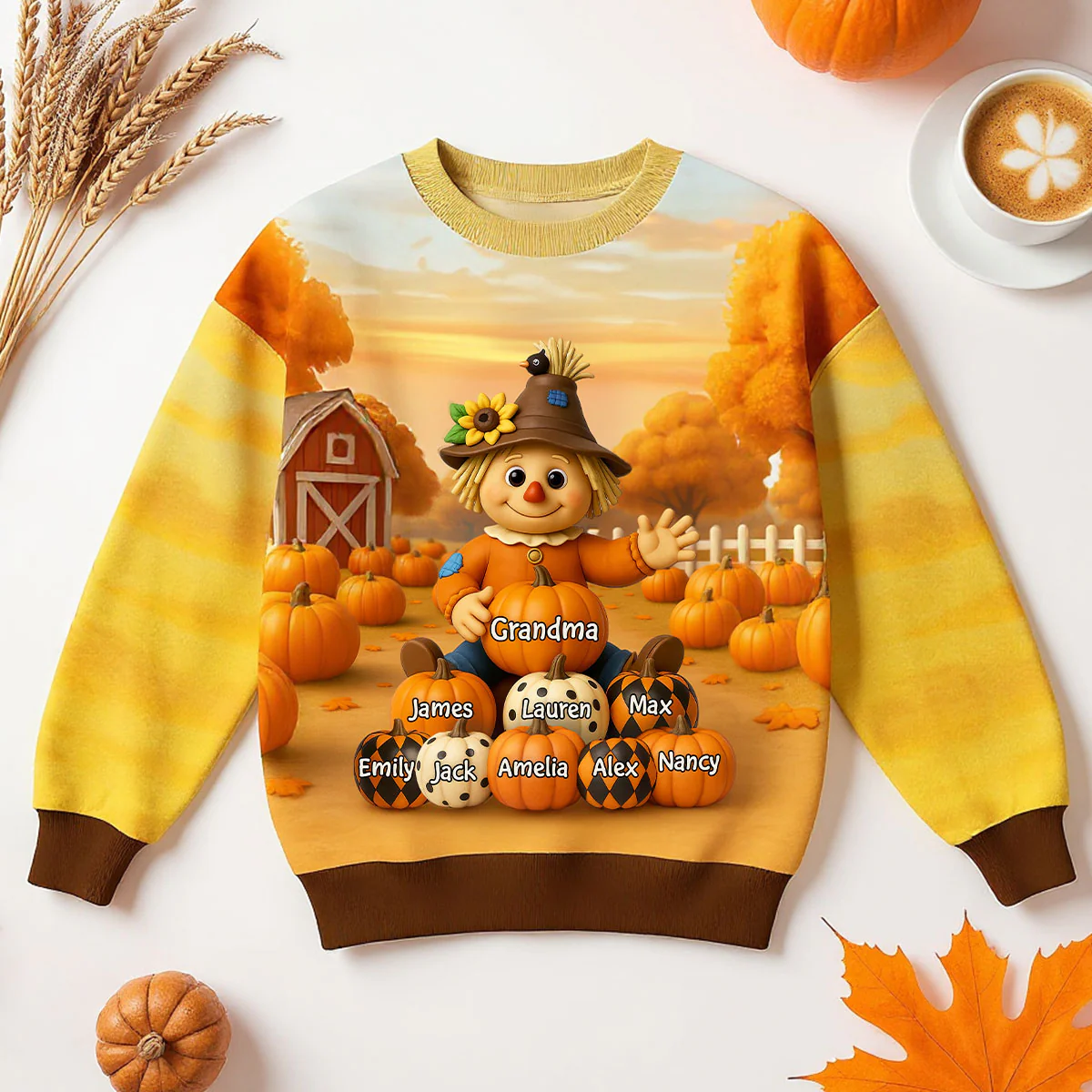 Fall Season Grandma Scarecrow Grandkids Pumpkins 3D Effect Personalized Sweatshirt - Image 4
